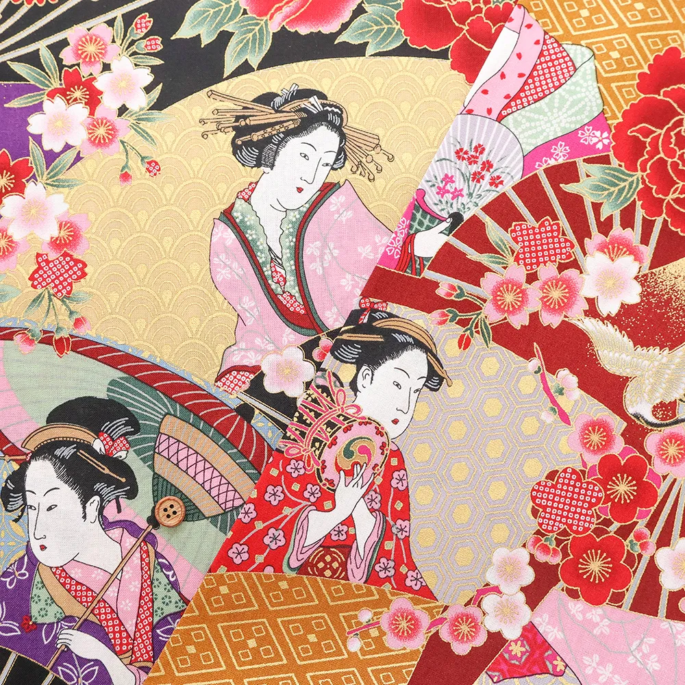 コットンスケアラメプリント生地 鼓芸者