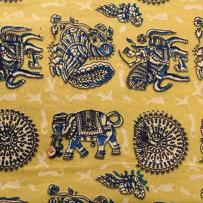 インド製 コットンカラムカリプリント生地 トリとゾウ