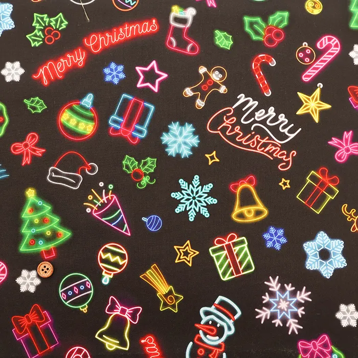 中国製 コットンシーチングインクジェットプリント生地 ネオンクリスマス