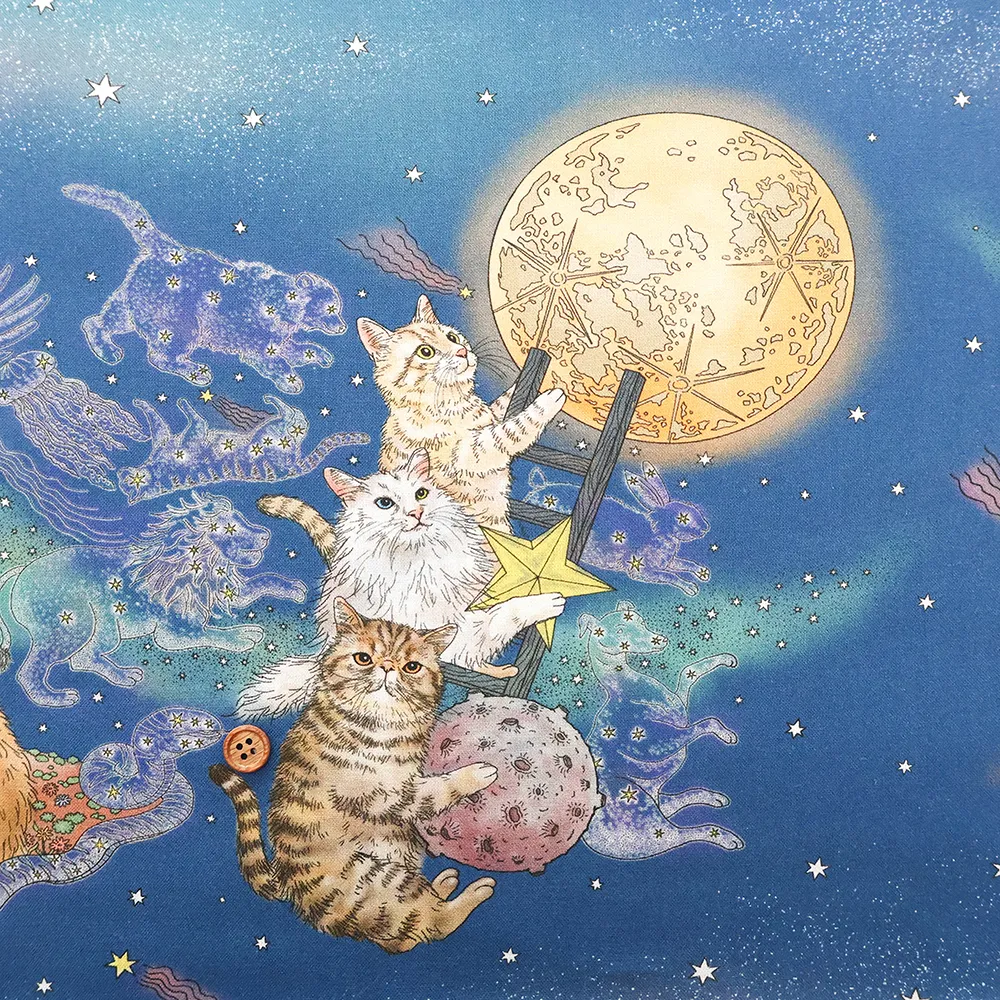 ≪柄売り≫コットンシーチングインクジェットプリント生地 365 Cat Art 月あかりの猫【1柄:約110cm×50cm】