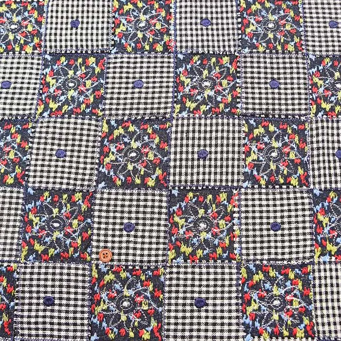 インド製 AP FASHION シルクパッチワーク刺繍生地 チェック&フラワー