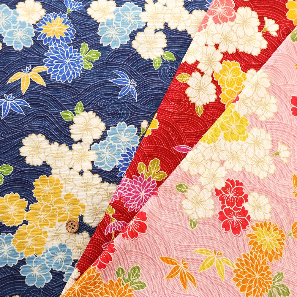 コットンシャンタンプリント生地 花染小町 青海波桜